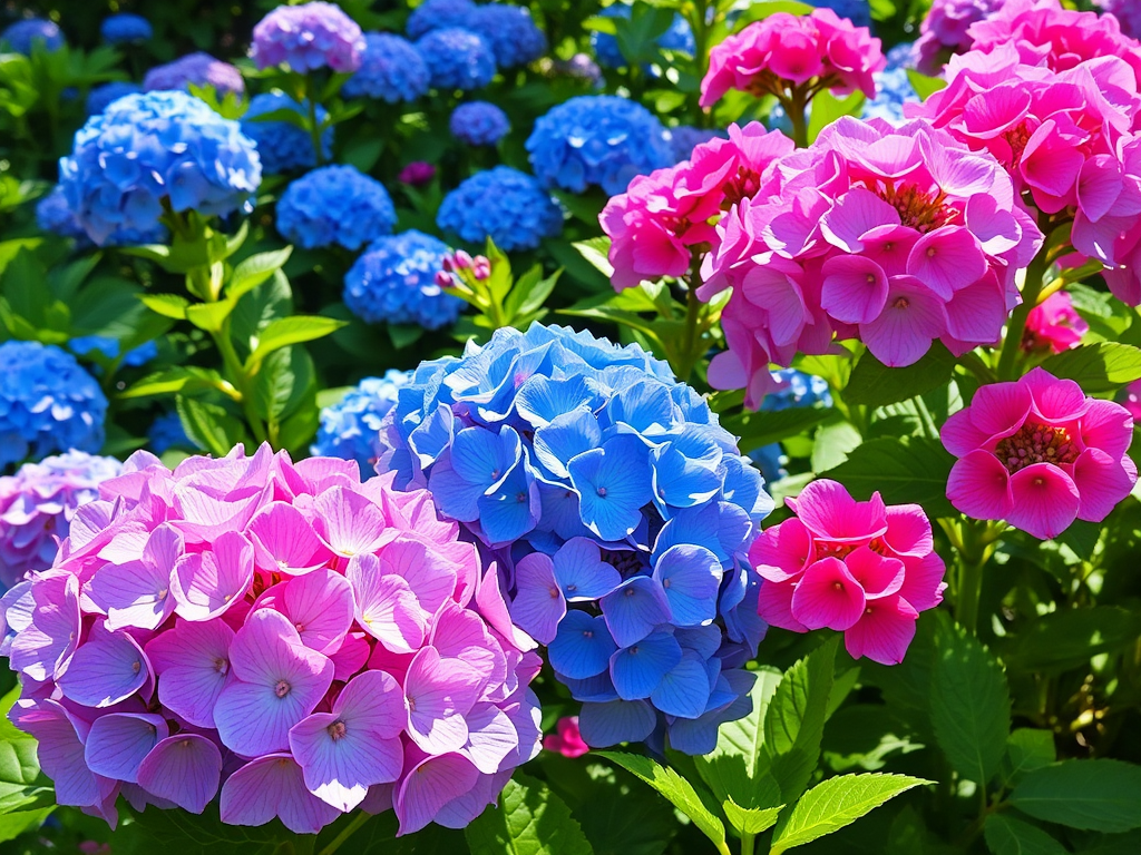 Een bloeiende tuin met blauwe en roze hortensia's.