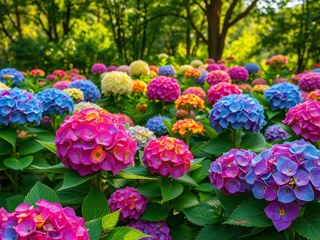 Een levendige tuin met bloeiende hortensia's in felle kleuren.