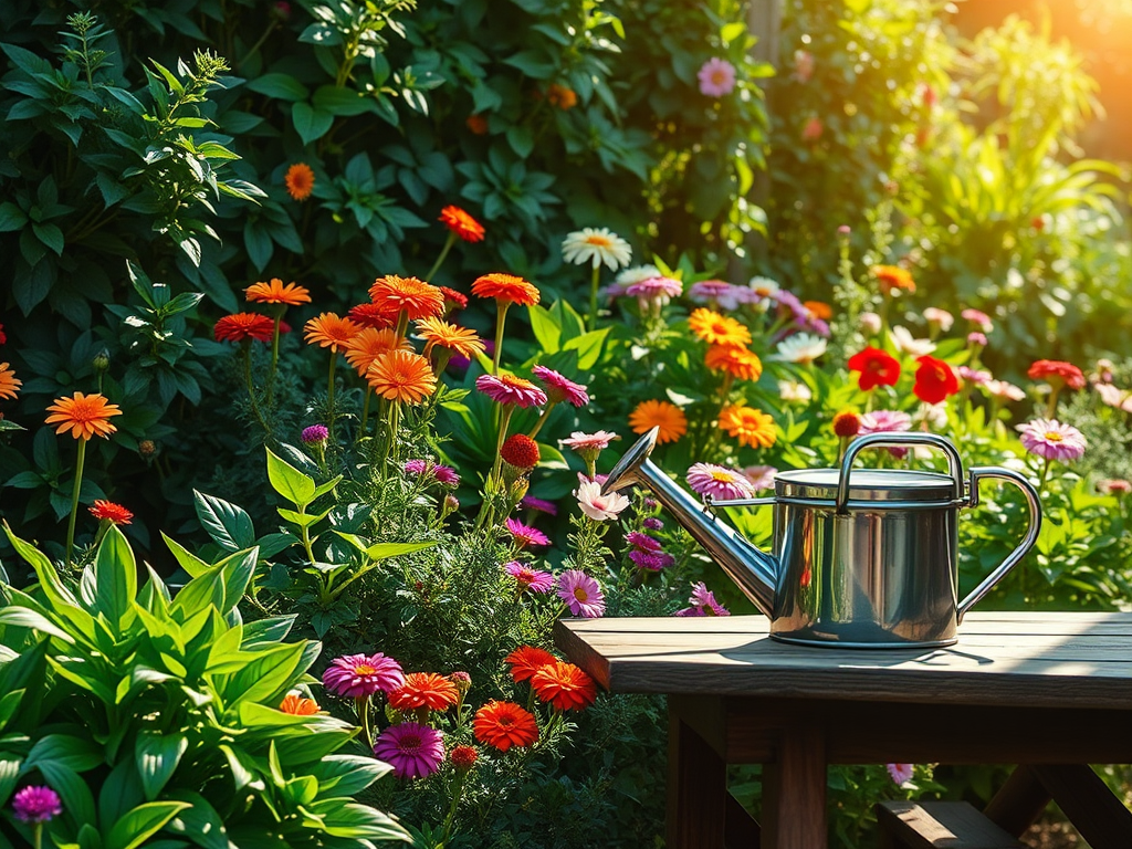 Een weelderige tuin met kleurrijke bloemen en een gietertje.