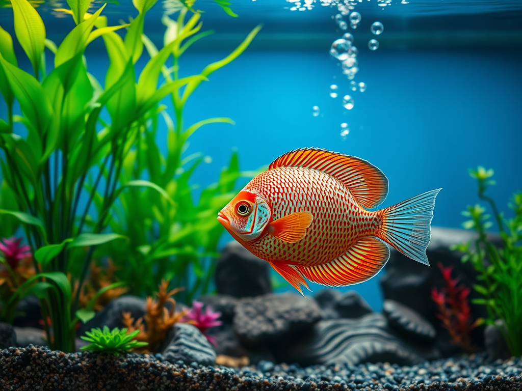 Kleurige discusvis zwemt tussen aquariumplanten en bubbels.