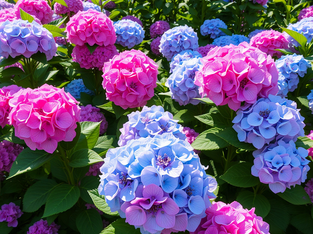 Een weelderige tuin met kleurrijke bloeiende hortensia's.