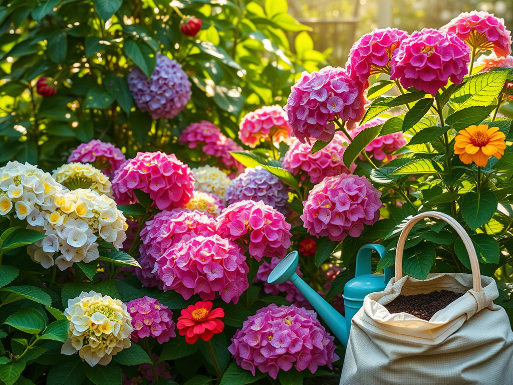 Een weelderige tuin met kleurrijke hortensia's en een gieter.