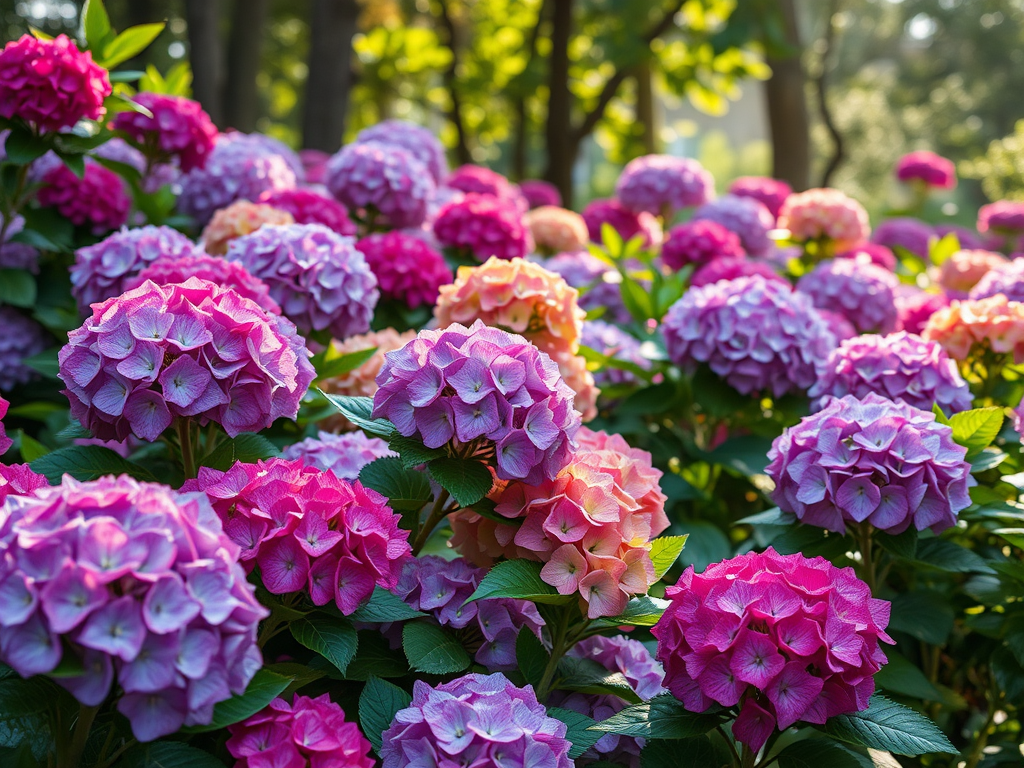 Een levendige tuin vol bloeiende hortensia's in felle kleuren.
