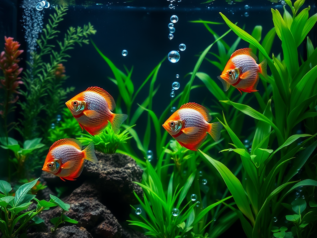 Vibrant aquarium met discusvissen en groene planten.