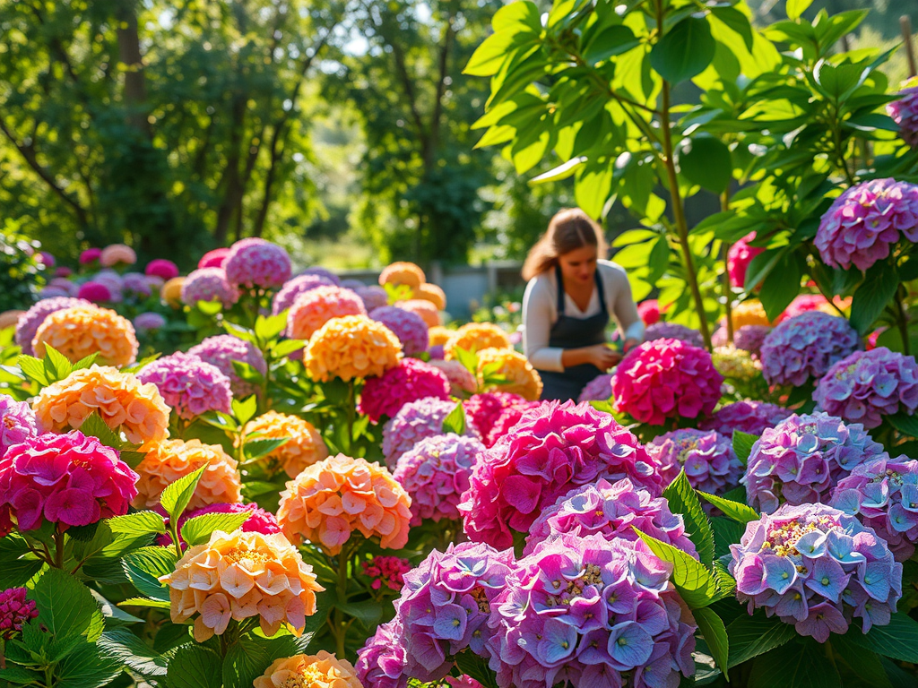 Een weelderige tuin met kleurrijke hortensia's en een tuinier.