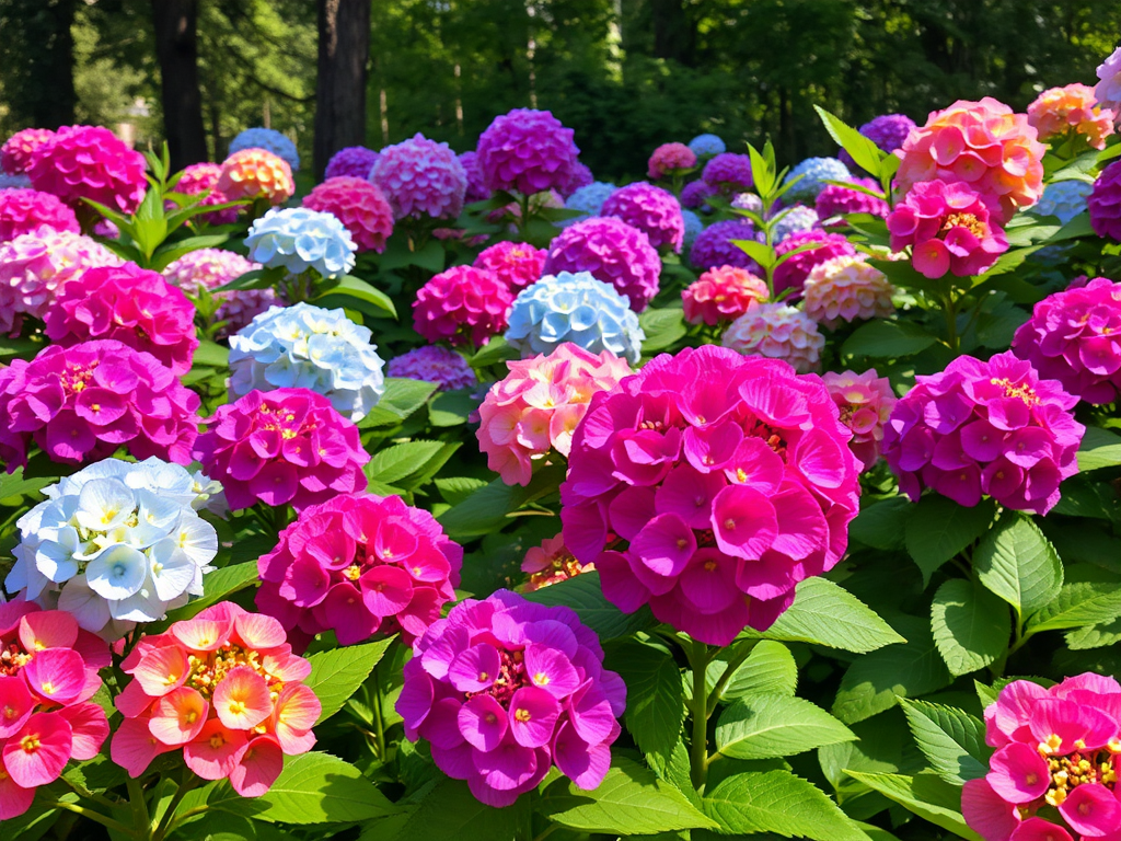 Een kleurrijke tuin vol bloeiende hortensia's.