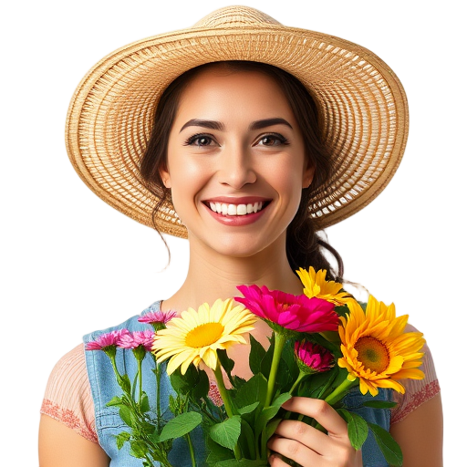 Een glimlachende persoon met een hoed en bloemen.