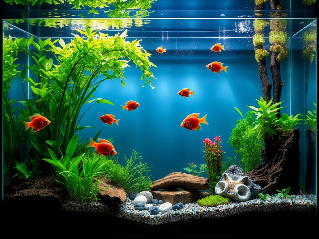 Een levendig aquarium met groene planten en kleurrijke vissen.