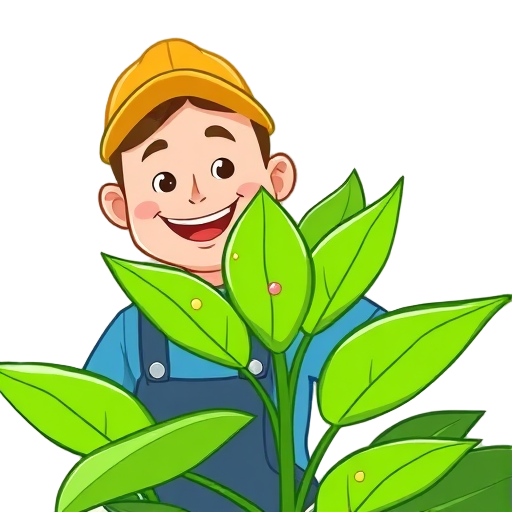 Blije tuinman met een groene plant en voedingsdruppels.