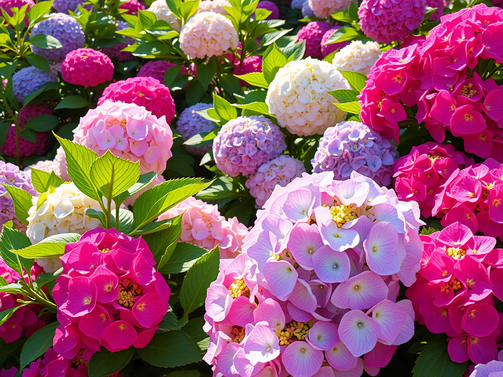 Een kleurrijke tuin met bloeiende hortensia's in diverse tinten.