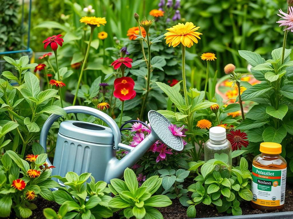 Een levendige tuin met gezonde planten en bloemen.