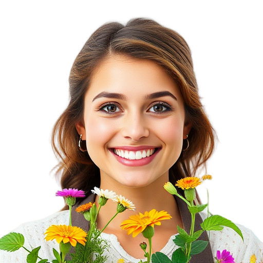 Een glimlachende persoon met bloemen voor zich.