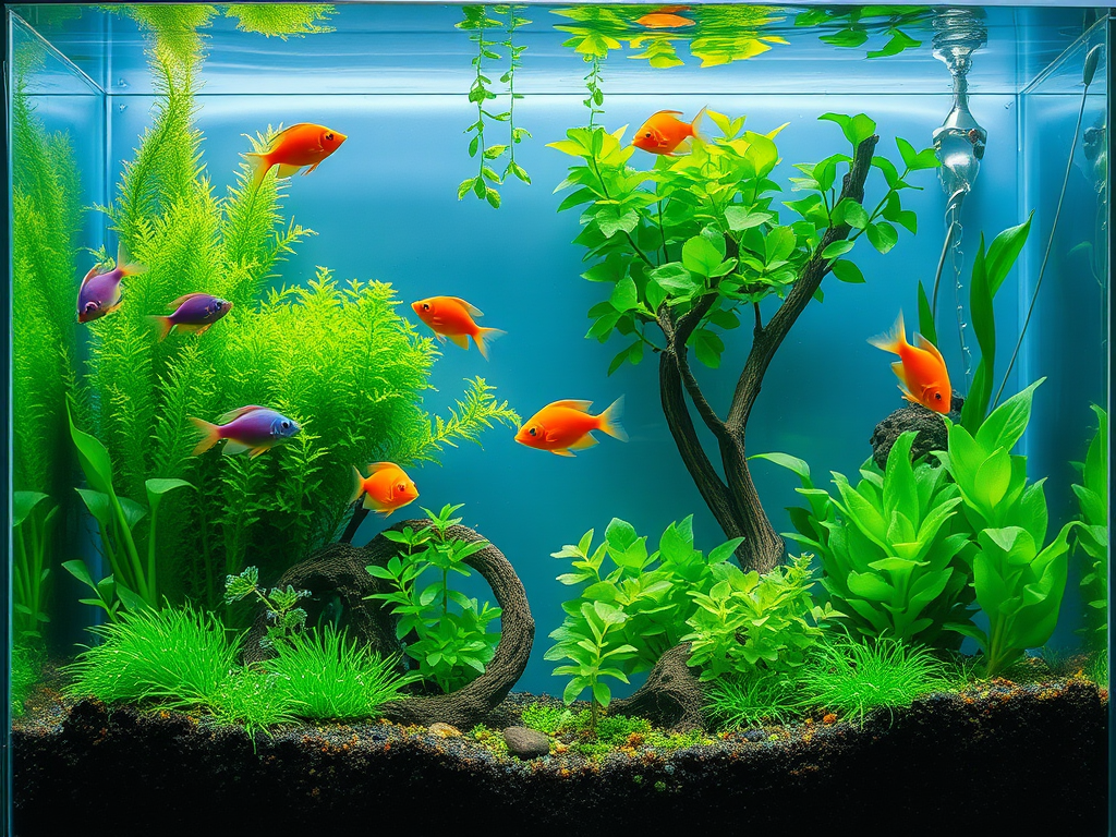 Een levendig aquascape met groene planten en kleurrijke vissen.