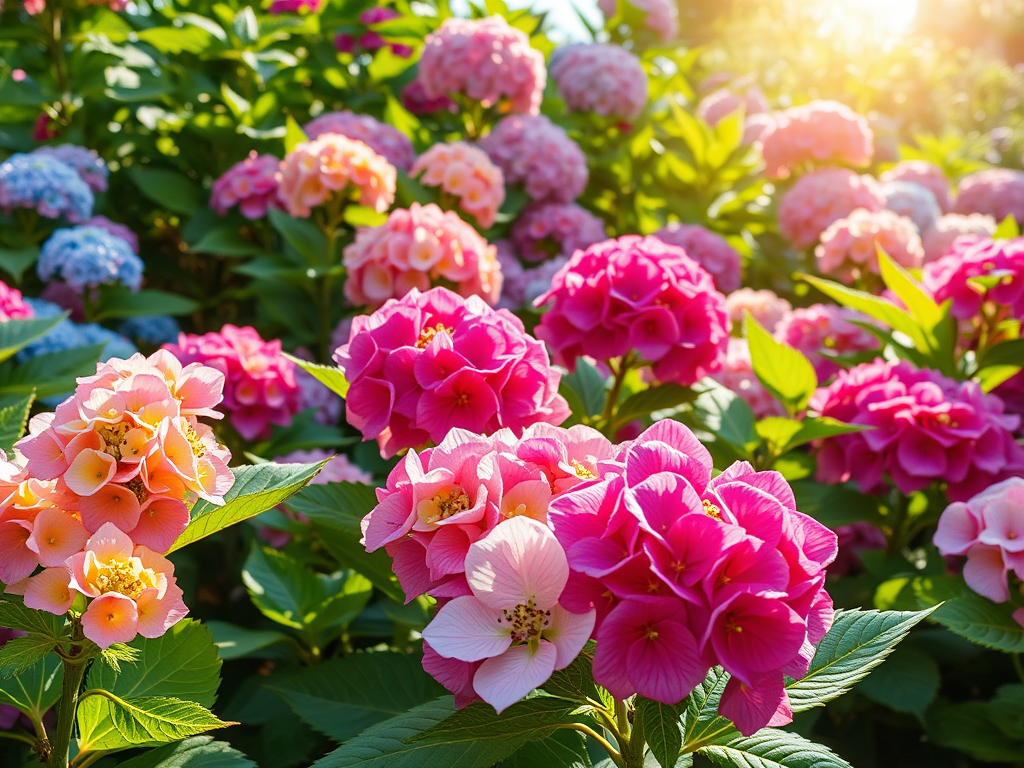 Een kleurrijke tuin met bloeiende hortensia's in de zon.