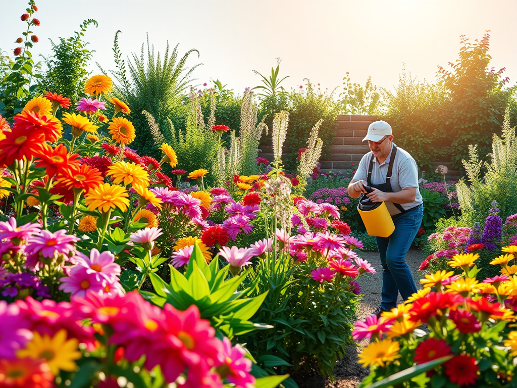 Een tuin vol kleurrijke bloemen en een tuinier aan het werk.
