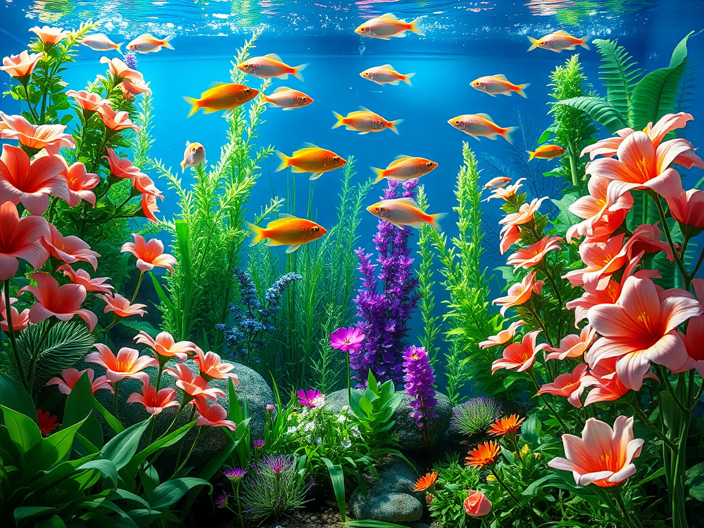 Een levendige tuin met bloeiende bloemen en een aquarium.