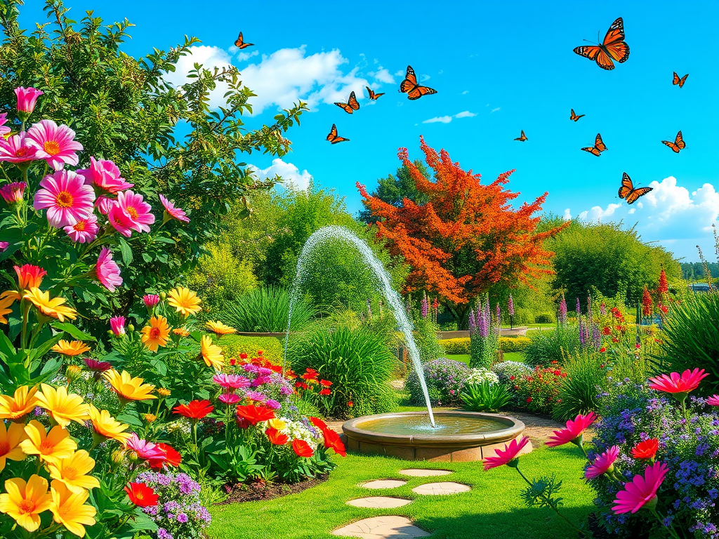Een serene tuin met bloemen, een fontein en vlinders.