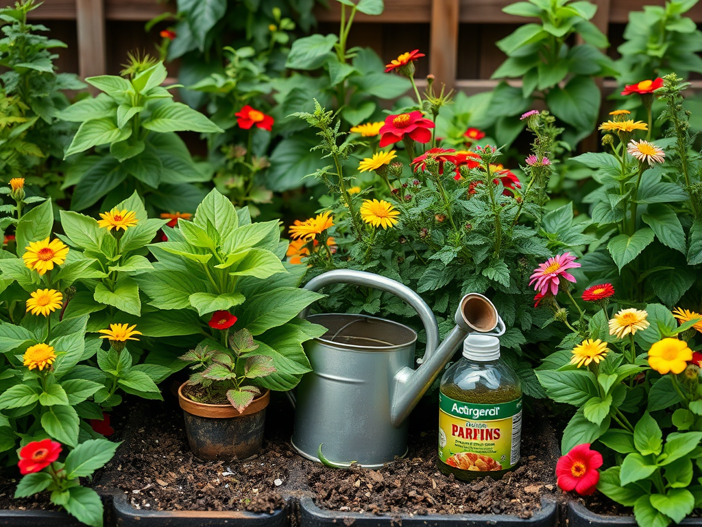 Een levendige tuin met gezonde planten en bloemen.