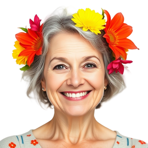 Een glimlachende vrouw met bloemen in haar haar.
