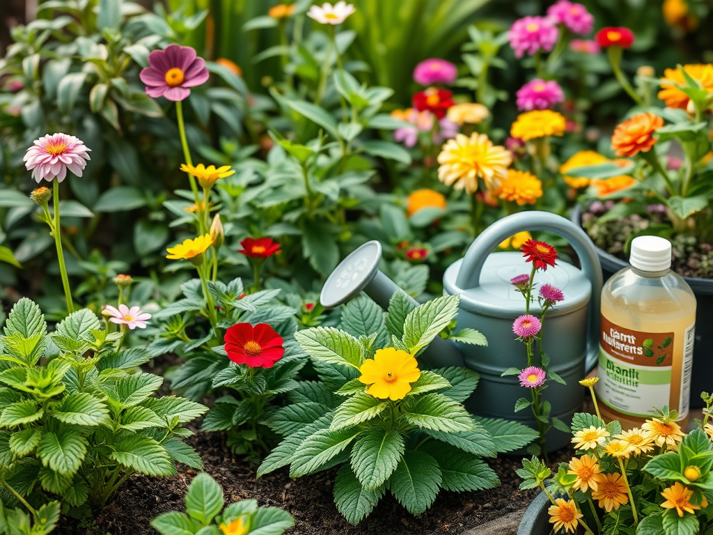 Een levendige tuin met kleurrijke bloemen en een gieter.