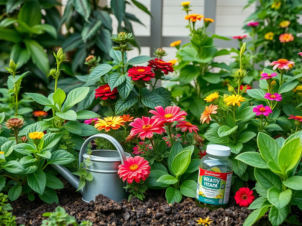 Een levendige tuin met kleurrijke bloemen en planten.