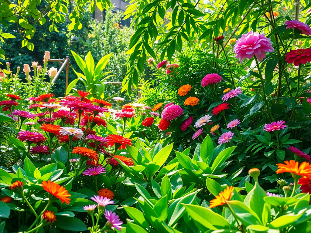 Een levendige tuin met groene planten en kleurrijke bloemen.