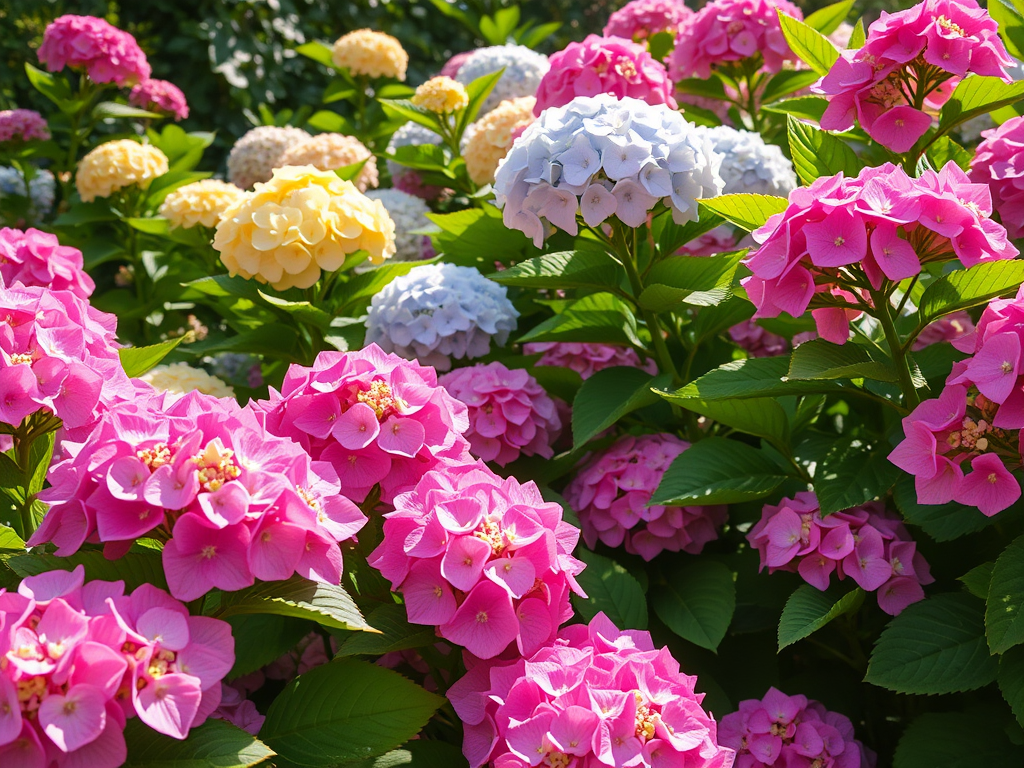 Een kleurrijke tuin vol bloeiende hortensia's in zonlicht.
