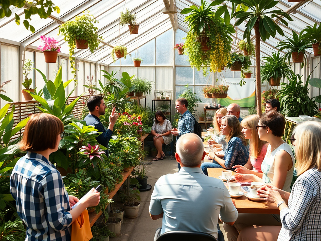 Een levendige kas vol planten met een spreker en deelnemers.