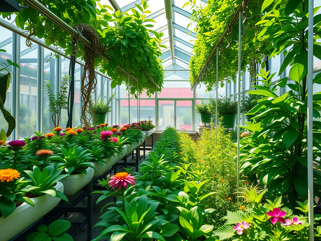 Een weelderige kas vol met groene planten en bloemen.
