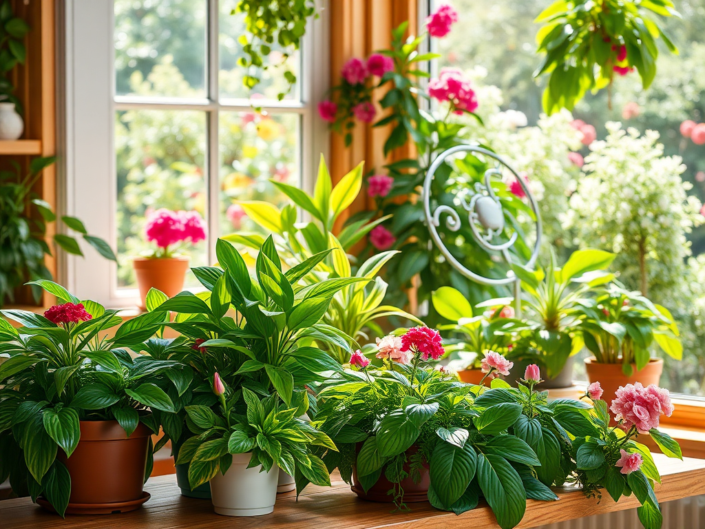 A vibrant indoor scene with lush green houseplants on a wooden table, a blooming outdoor garden in sunlight, bright summer atmosphere, natural beauty, healthy leaves and flowers.