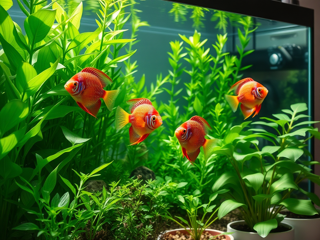 A vibrant aquarium with lush green plants, colorful Discus fish swimming actively, and healthy, thriving indoor potted plants beside it, bathed in natural sunlight.