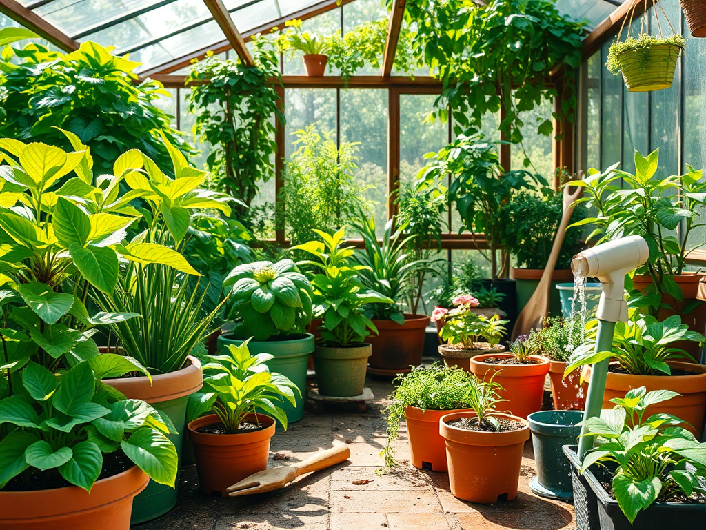 A vibrant summer garden scene with lush green plants under bright sunlight, various potted indoor plants thriving, gardening tools neatly arranged, water droplets nourishing roots.