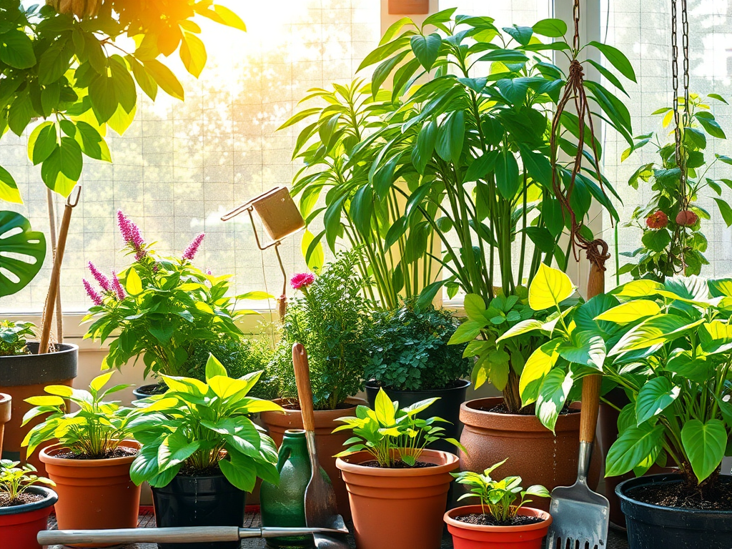 A vibrant summer garden scene with lush green plants under bright sunlight, various potted indoor plants thriving, gardening tools neatly arranged, water droplets nourishing roots.