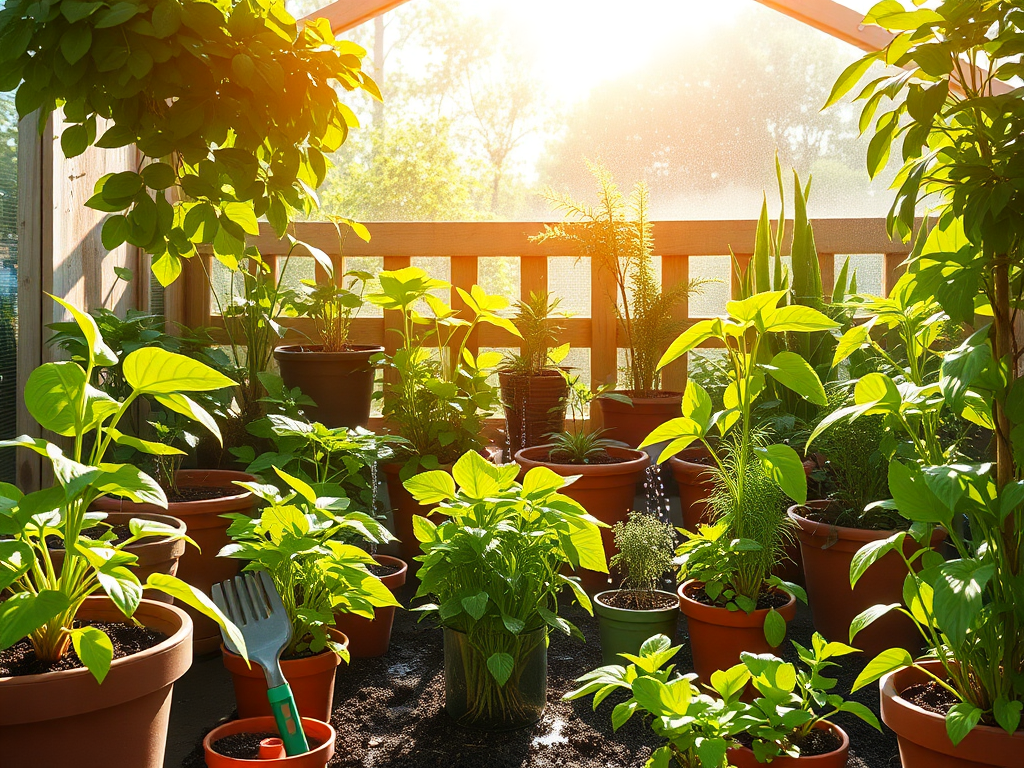 A vibrant summer garden scene with lush green plants under bright sunlight, various potted indoor plants thriving, gardening tools neatly arranged, water droplets nourishing roots.