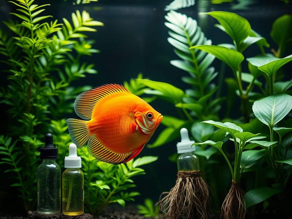 "a vibrant discus fish swimming gracefully" "lush green aquarium plants" "three small nutrient bottles with droppers" "healthy tropical houseplants with strong roots" "a clean, natural aquarium environment" "a subtle glow highlighting plant growth"