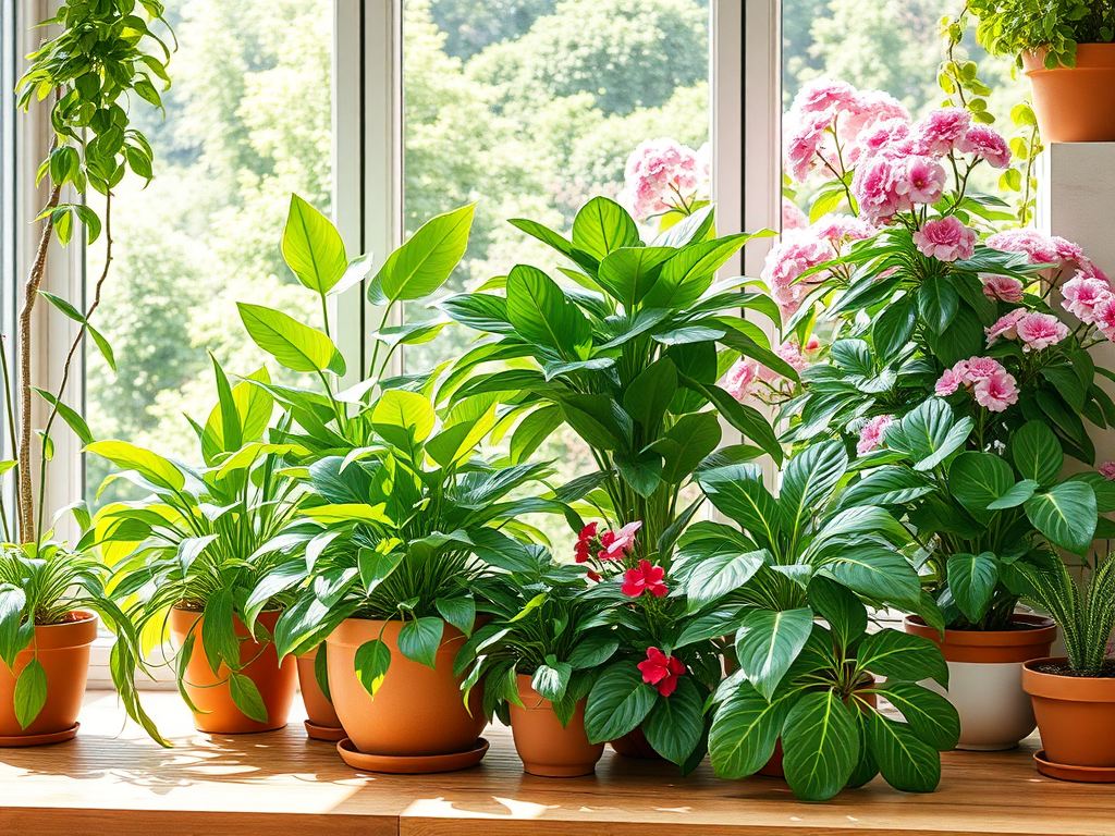 A vibrant indoor scene with lush green houseplants on a wooden table, a blooming outdoor garden in sunlight, bright summer atmosphere, natural beauty, healthy leaves and flowers.