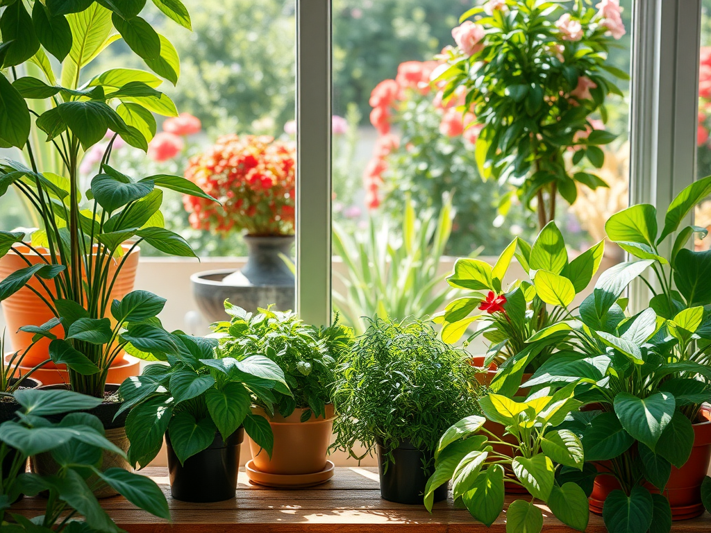 A vibrant indoor scene with lush green houseplants on a wooden table, a blooming outdoor garden in sunlight, bright summer atmosphere, natural beauty, healthy leaves and flowers.