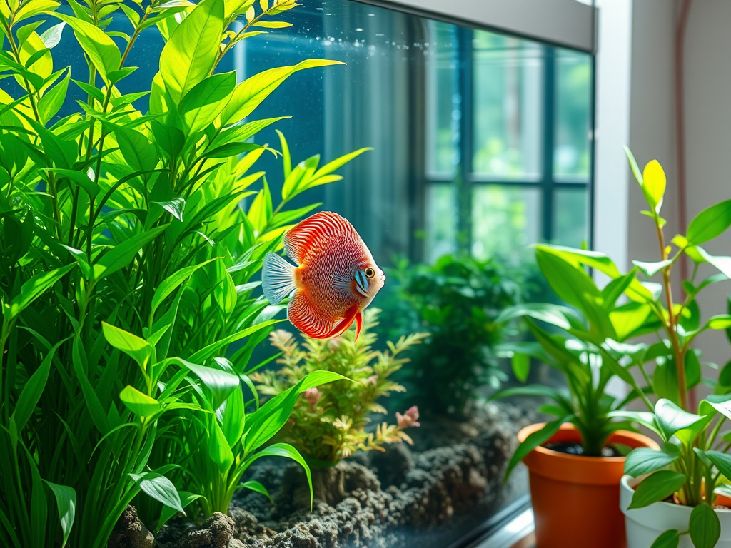 A vibrant aquarium with lush green plants, colorful Discus fish swimming actively, and healthy, thriving indoor potted plants beside it, bathed in natural sunlight.