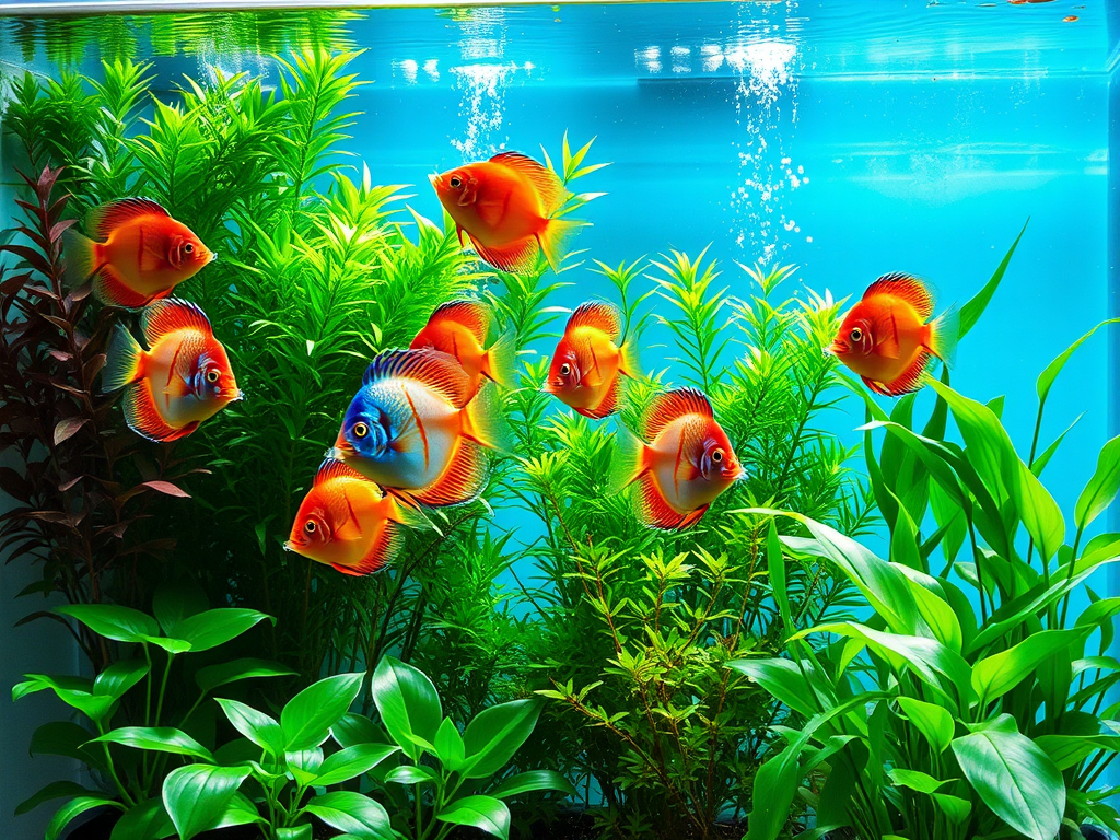 A vibrant aquarium with lush green plants, colorful Discus fish swimming actively, and healthy, thriving indoor potted plants beside it, bathed in natural sunlight.
