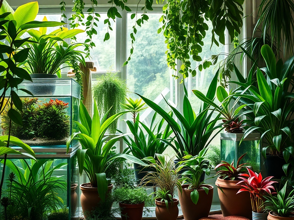 "A serene, lush indoor scene featuring thriving aquarium plants and vibrant houseplants, interconnected by glass aquaria and pots, soft natural light, tranquil mood, subtle eco-details."