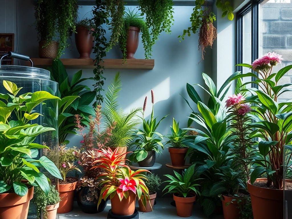 "A serene, lush indoor scene featuring thriving aquarium plants and vibrant houseplants, interconnected by glass aquaria and pots, soft natural light, tranquil mood, subtle eco-details."
