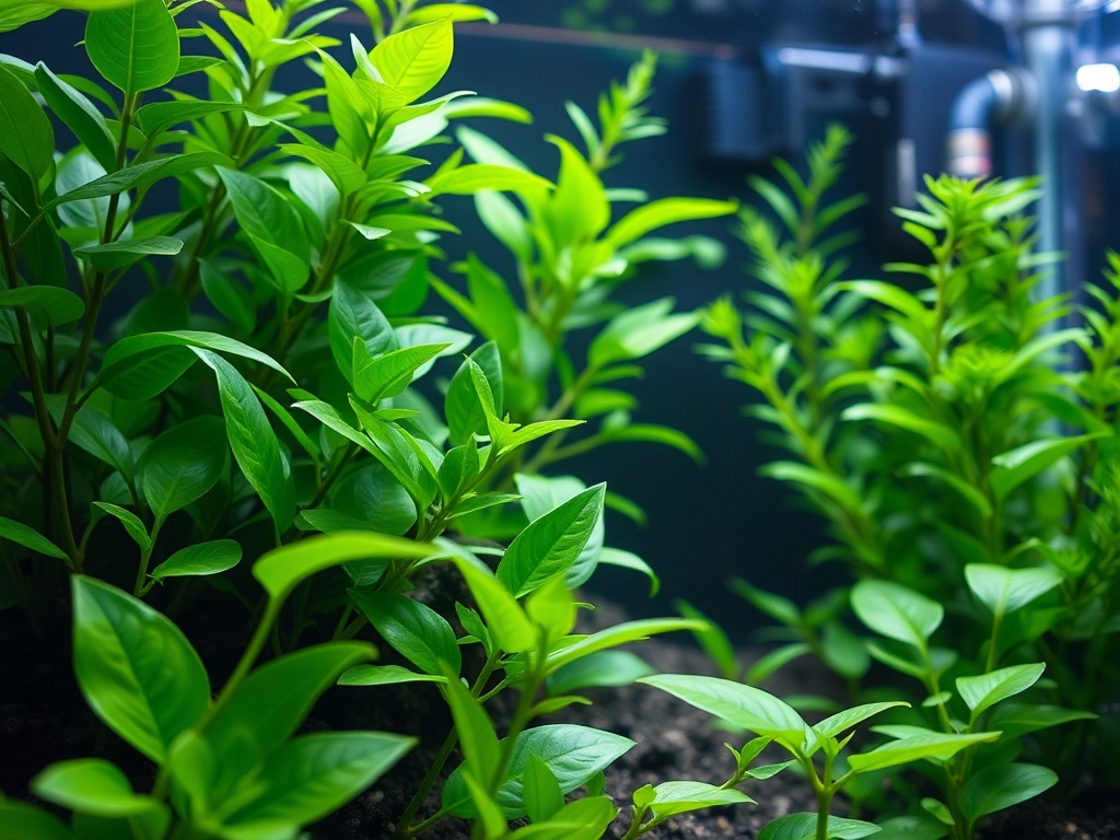 A lush aquarium and thriving houseplants scene, vibrant greens, subtle CO2 equipment in background, soft lighting, close-up leaves, serene and healthy growth.