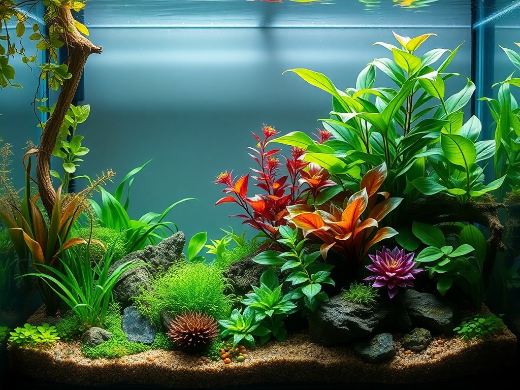 "A lush, vibrant aquascape with healthy aquarium plants and thriving houseplants, soft light, gentle CO2 glow, glassy water, natural textures, serene atmosphere, no logos."
