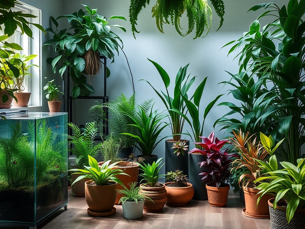 "A serene, lush indoor scene featuring thriving aquarium plants and vibrant houseplants, interconnected by glass aquaria and pots, soft natural light, tranquil mood, subtle eco-details."