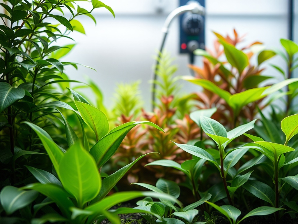 A lush aquarium and thriving houseplants scene, vibrant greens, subtle CO2 equipment in background, soft lighting, close-up leaves, serene and healthy growth.
