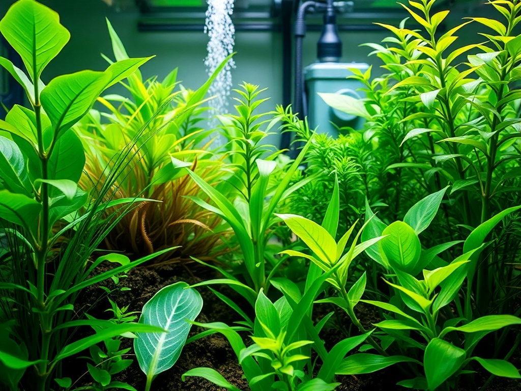 A lush aquarium and thriving houseplants scene, vibrant greens, subtle CO2 equipment in background, soft lighting, close-up leaves, serene and healthy growth.