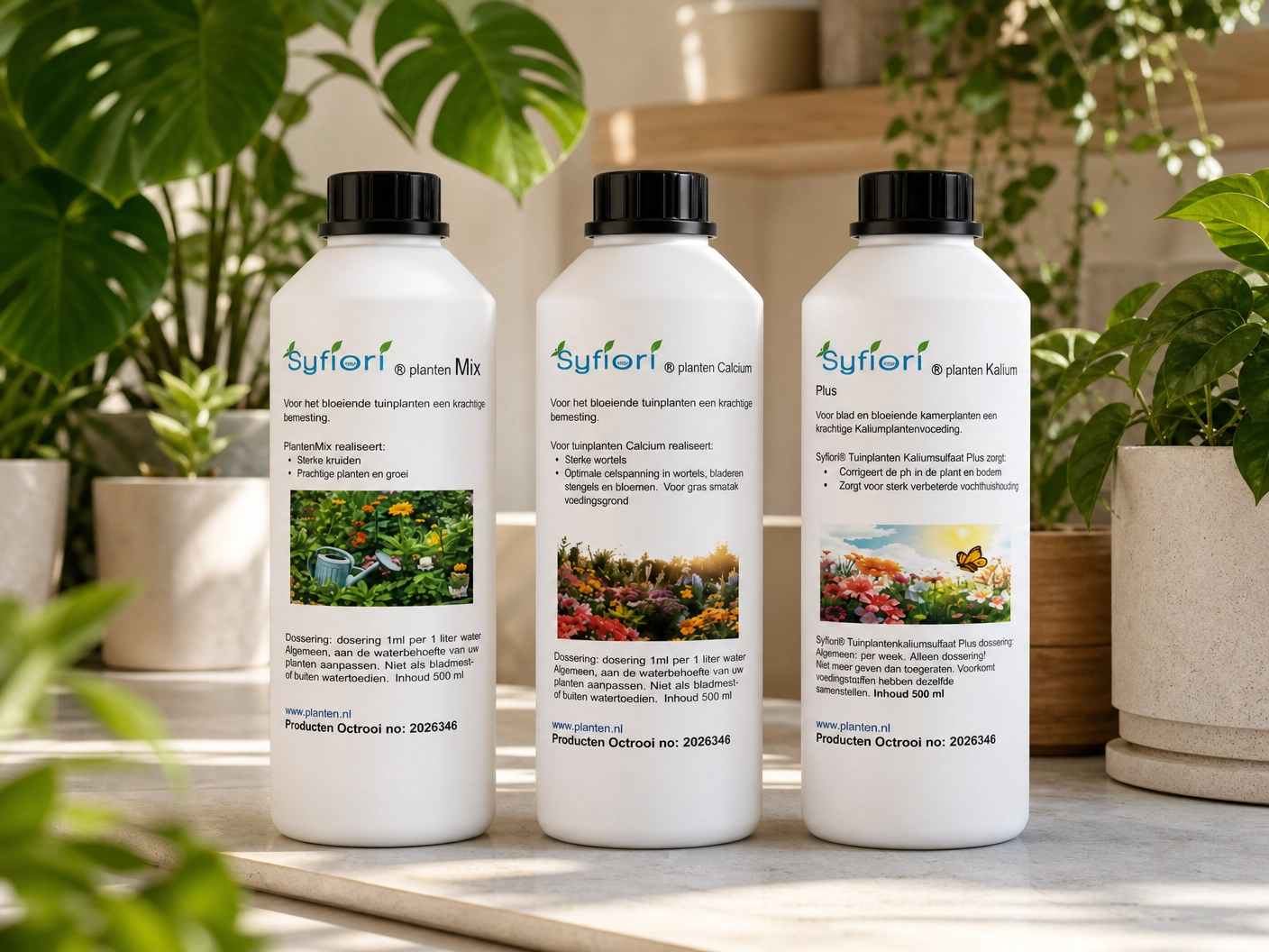 Syfiori Masterset voor kamer en tuinplanten laat ook uw groenten en gras groeien. Het wordt direct opgenomen door de planten en is op verschillende manieren te gebruiken. In het gietwater meegeven tijdens het gieten en als ideale bladbemesting
