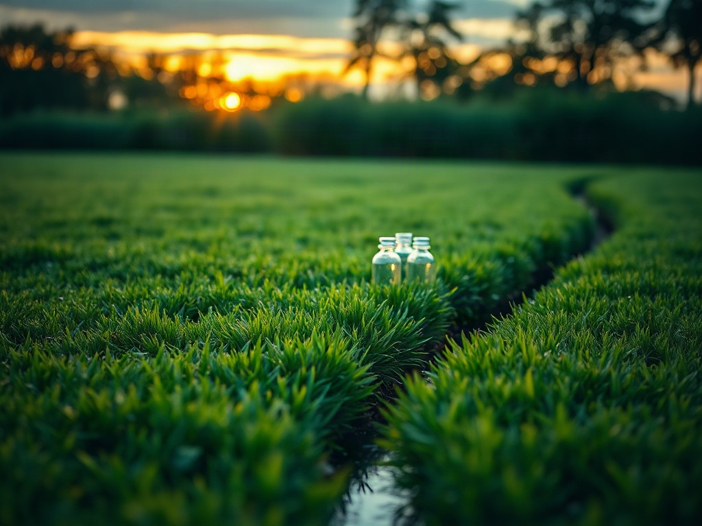 "vivid green lawn at dusk" "benevolent lawn expert kneeling" "three small translucent liquid bottles" "gentle watering stream" "fresh dewy glow"