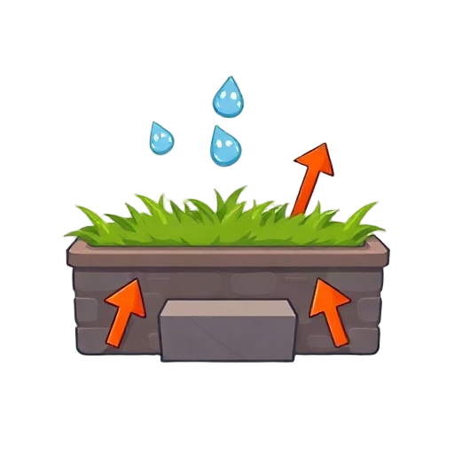 Carefully describe an image in great detail that needs to be generate, use quotes to split visual things. "Three droplets" "green lawn" "boost arrows" "single step"