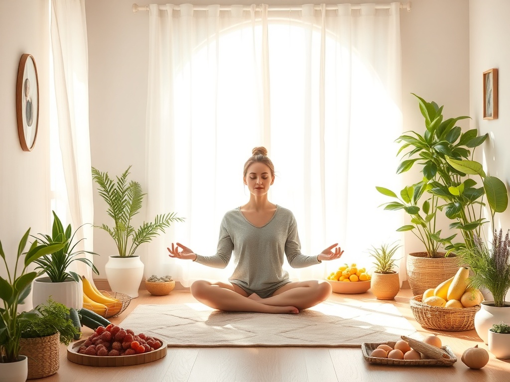 A serene, cozy setting with a person peacefully meditating surrounded by soft natural light, healthy food, gentle plants, and calming pastel colors.